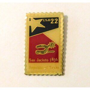 San Jacinto 1836 Republic Of Texas USA 22 Pin Stamp Shaped Gold Enamel Lapel Pin